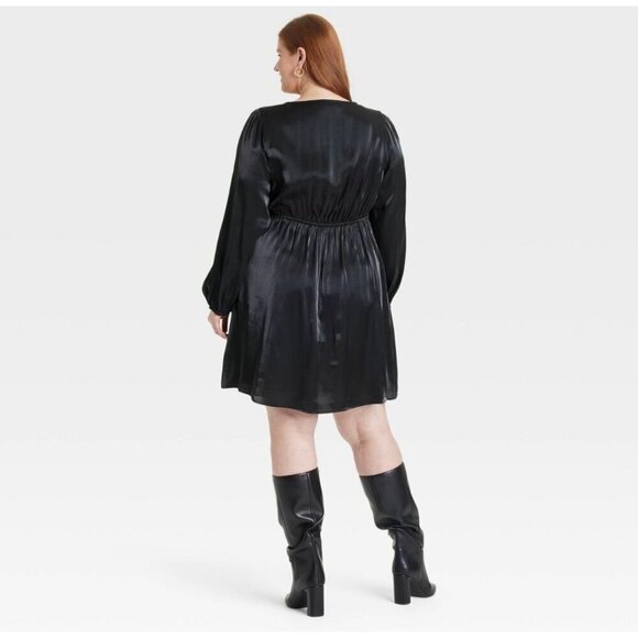 Ava & Viv Balloon Long Sleeve Midi Wrap Dress with pockets Black size 2X NWT - Picture 3 of 3